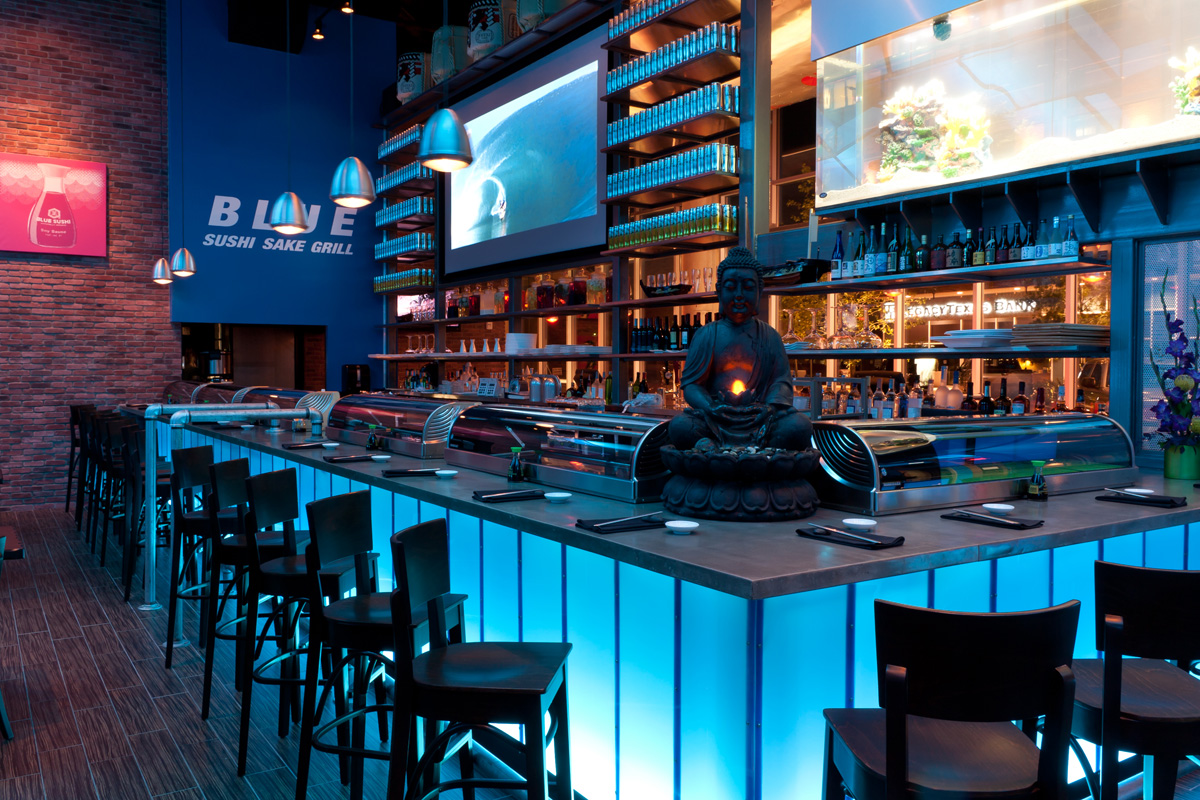 A spirited atmosphere inside of Blue Sushi. 