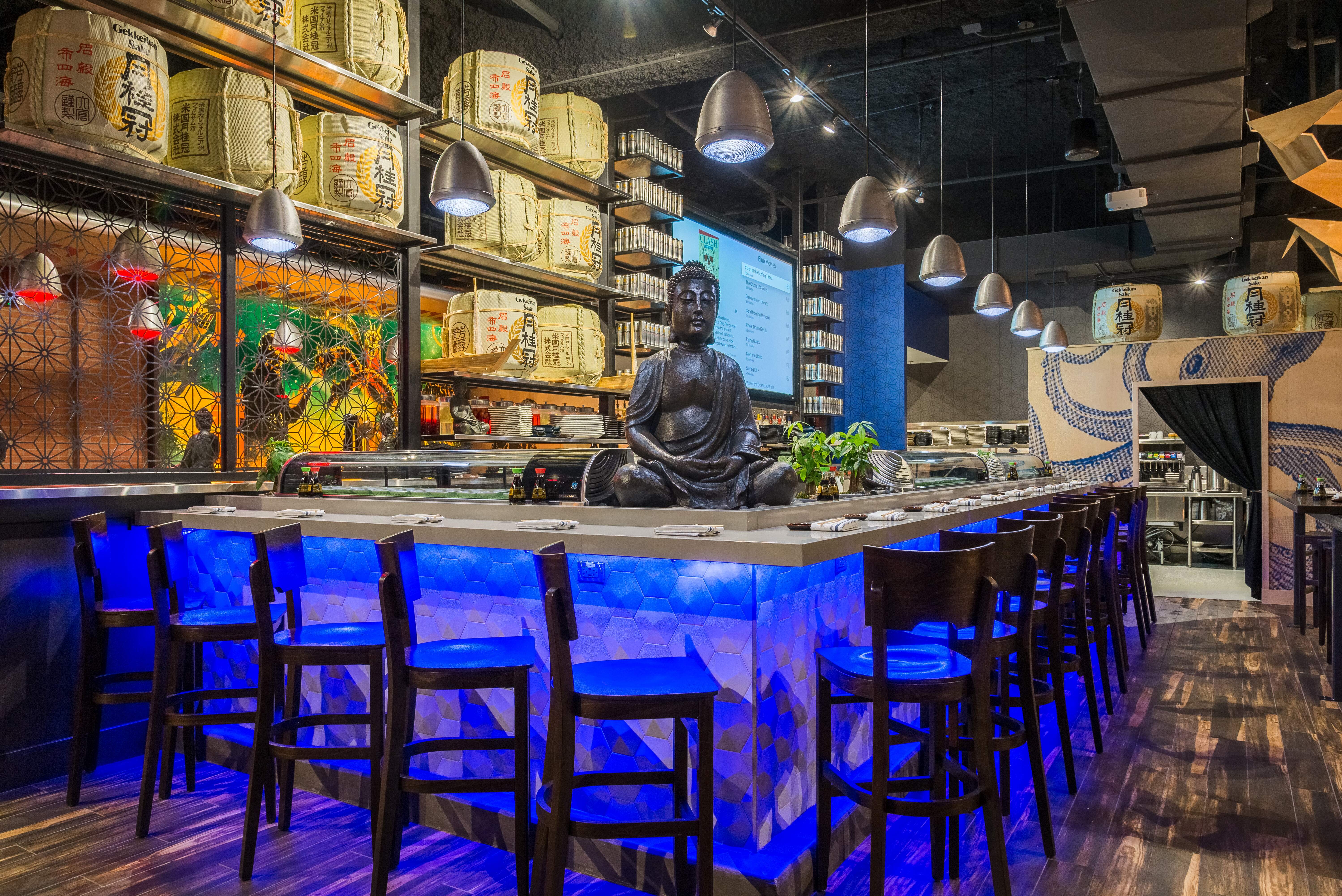 A closer look at the bar inside of Blue Sushi Sake Grill. 