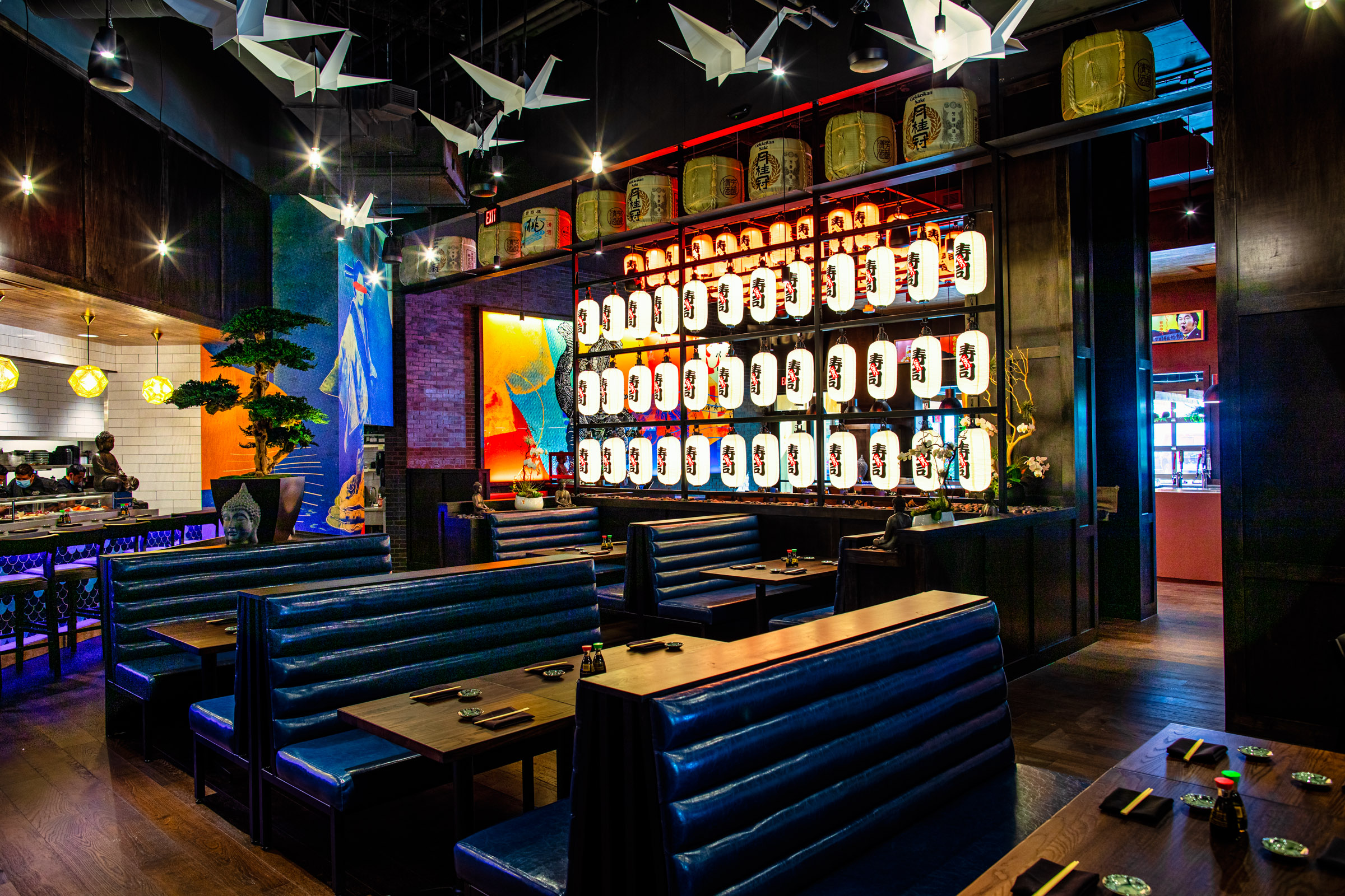 Blue Sushi Sake Grill with a night time atmosphere. 